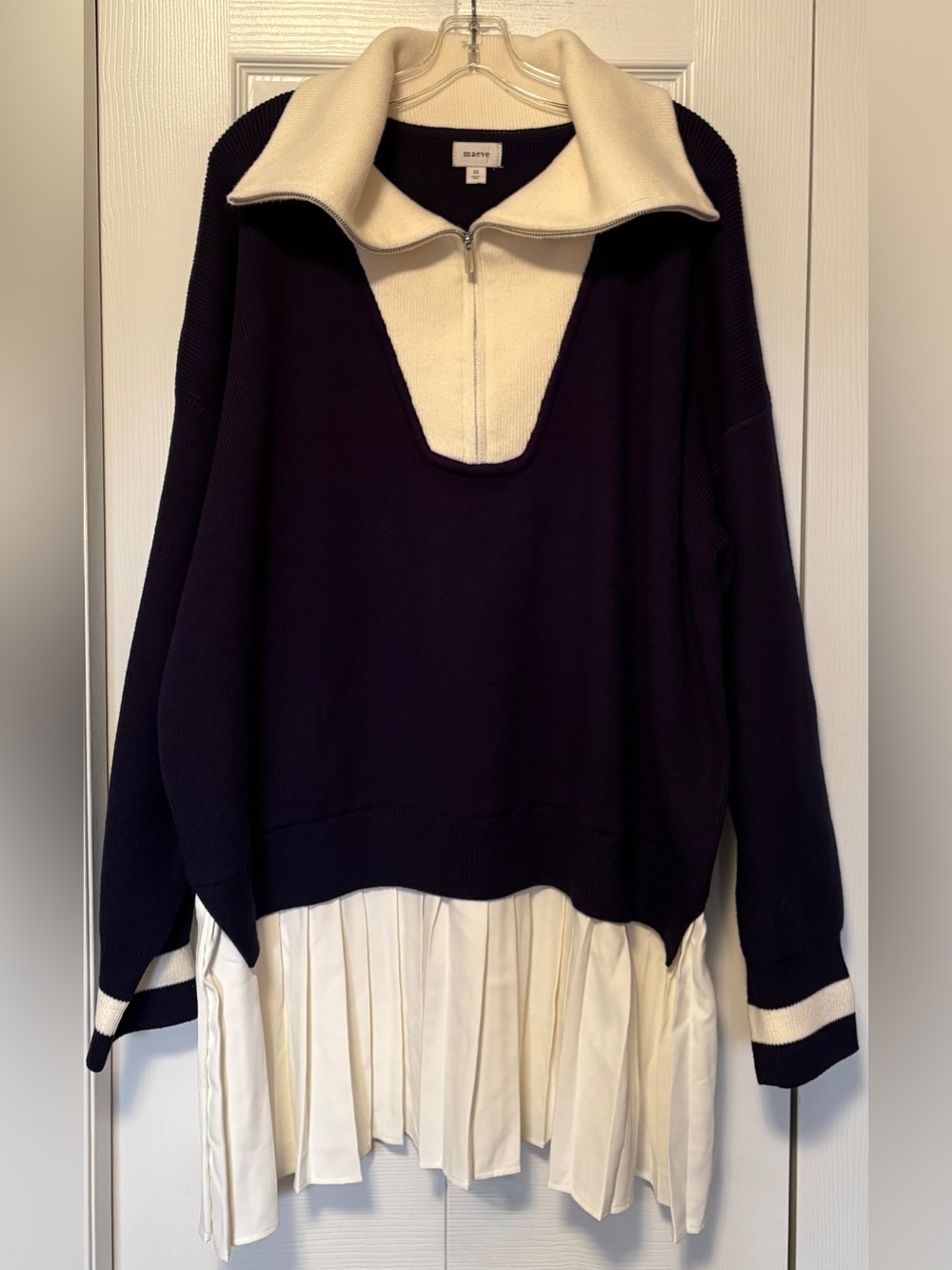 Maeve Anthropologie Flat White Varsity Sweater Twofer Pleated Dress 2X 18W 20W